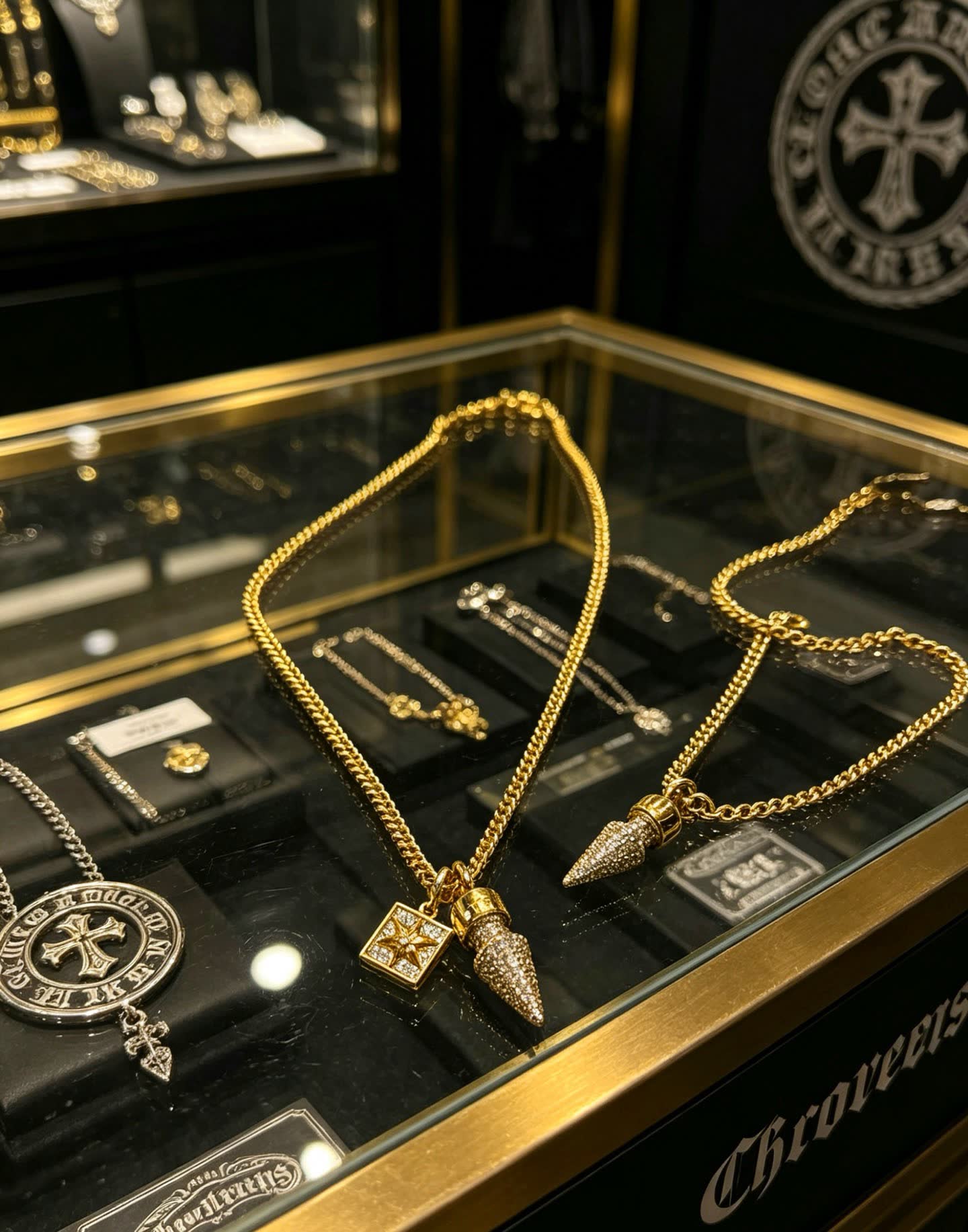 Chrome Hearts Gold Plated Diamond-Studded Necklace with Star and Spike Pendant